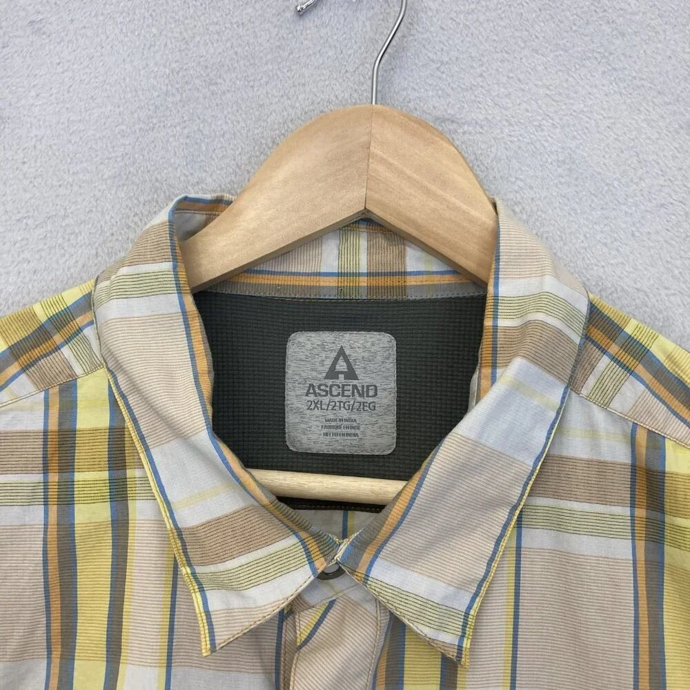 Ascend Snap Up Lightweight Shirt Mens 2XL Plaid Yellow Brown‎ Outdoor Pocket XXL